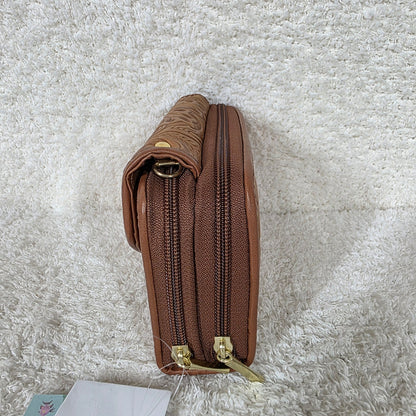 Light Brown Floral Embossed Leather Convertible Wallet Crossbody with Brown Trim