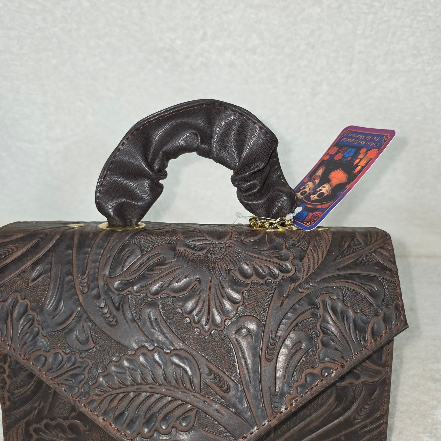 Handcrafted Mexican Floral Embossed Dark Brown Genuine Leather Top-Handle Bag
