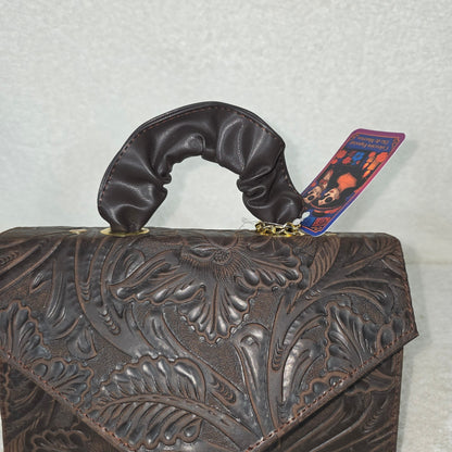 Handcrafted Mexican Floral Embossed Dark Brown Genuine Leather Top-Handle Bag