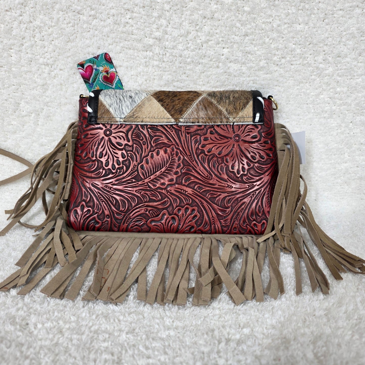 Mexican Terracotta Red Floral Embossed Leather & Patchwork Cowhide Fringe Crossbody Bag