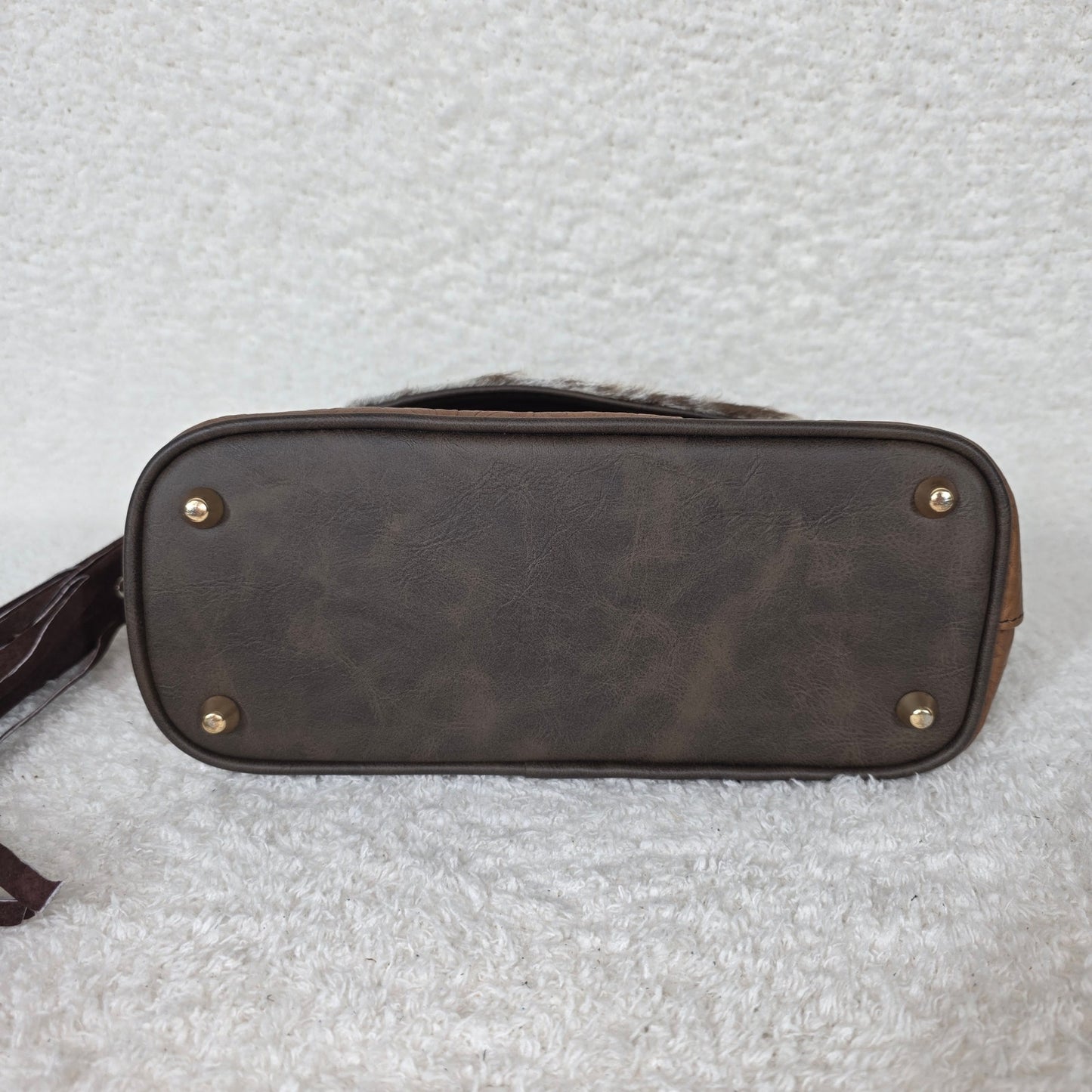 Handcrafted Mexican Brown Tooled Leather & Cowhide Hair-On Western Handbag with Turquoise Concho