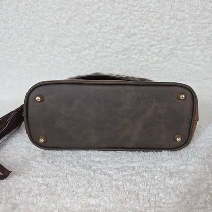 Handcrafted Mexican Brown Tooled Leather & Cowhide Hair-On Western Handbag with Turquoise Concho
