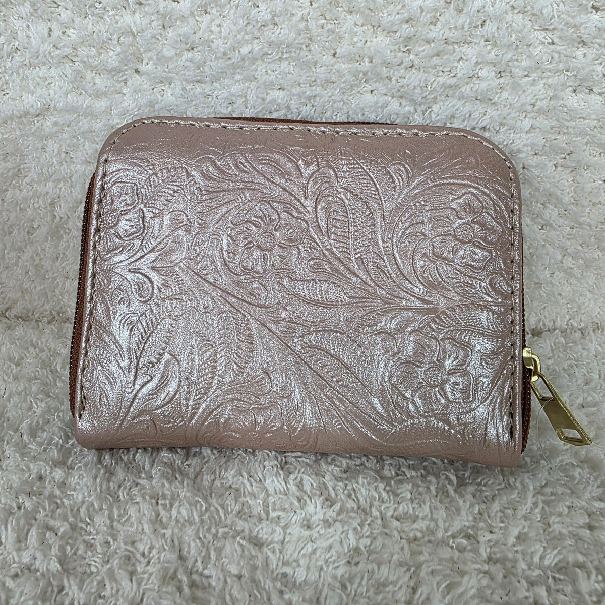 Light Pink Floral Embossed Leather Trifold Wallet with Back Zip Compartment