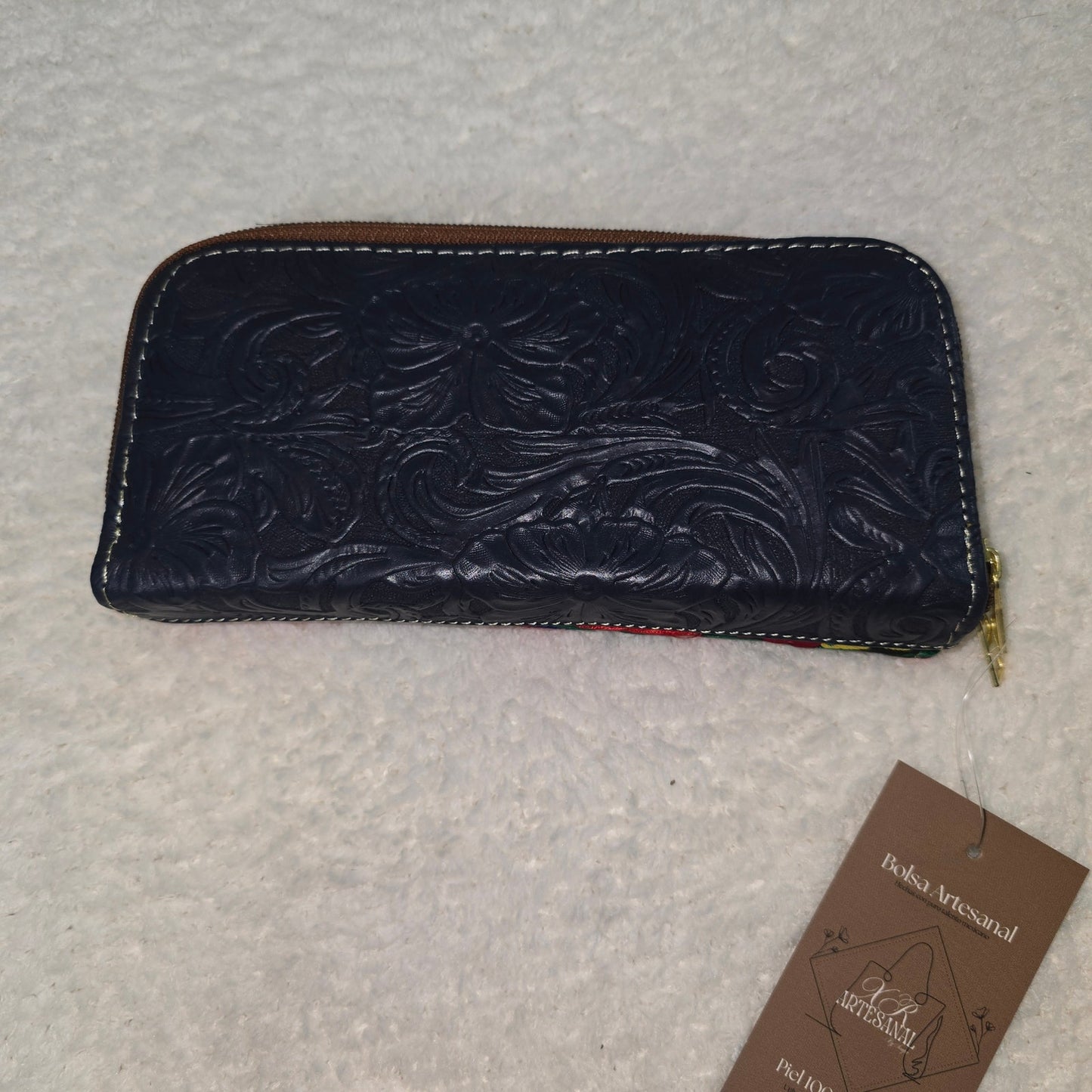 Handmade Mexican Black Embossed Leather Wallet with Floral Embroidery