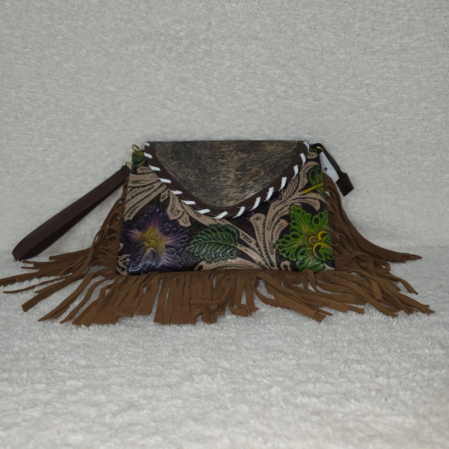 Handcrafted Mexican Floral Embossed Tooled Leather & Cowhide Hair-On Fringe Crossbody Bag