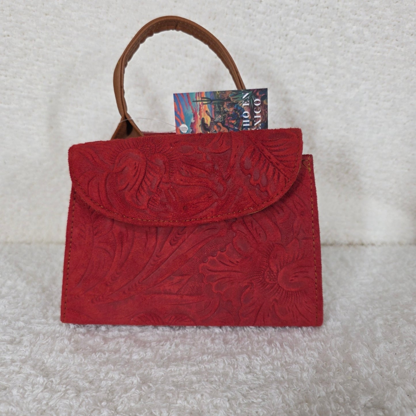 Red Floral Embossed Leather Mini Bag with Detachable Strap