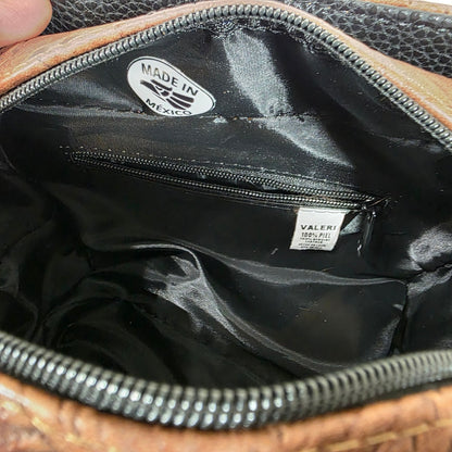 Brown & Black Floral Embossed Leather & Vegan Leather Crossbody Bag