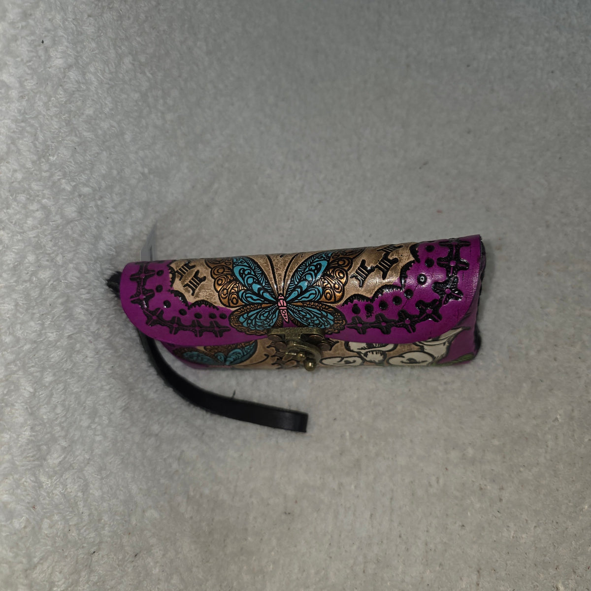 Mexican Hand-Tooled Leather Butterfly & Calla Lily Wristlet Clutch — Tan & Magenta