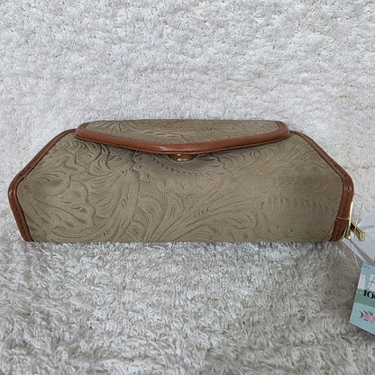 Dark Taupe Floral Embossed Leather Convertible Wallet Crossbody with Brown Trim