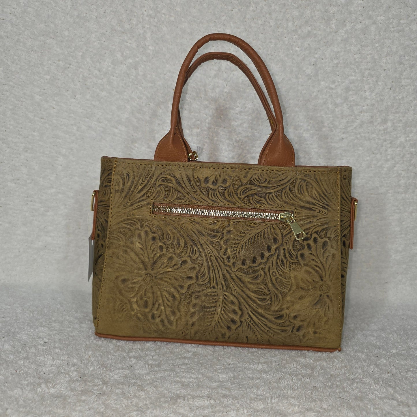 Mexican Handcrafted Moss Green Floral Embossed Leather Mini Tote Bag