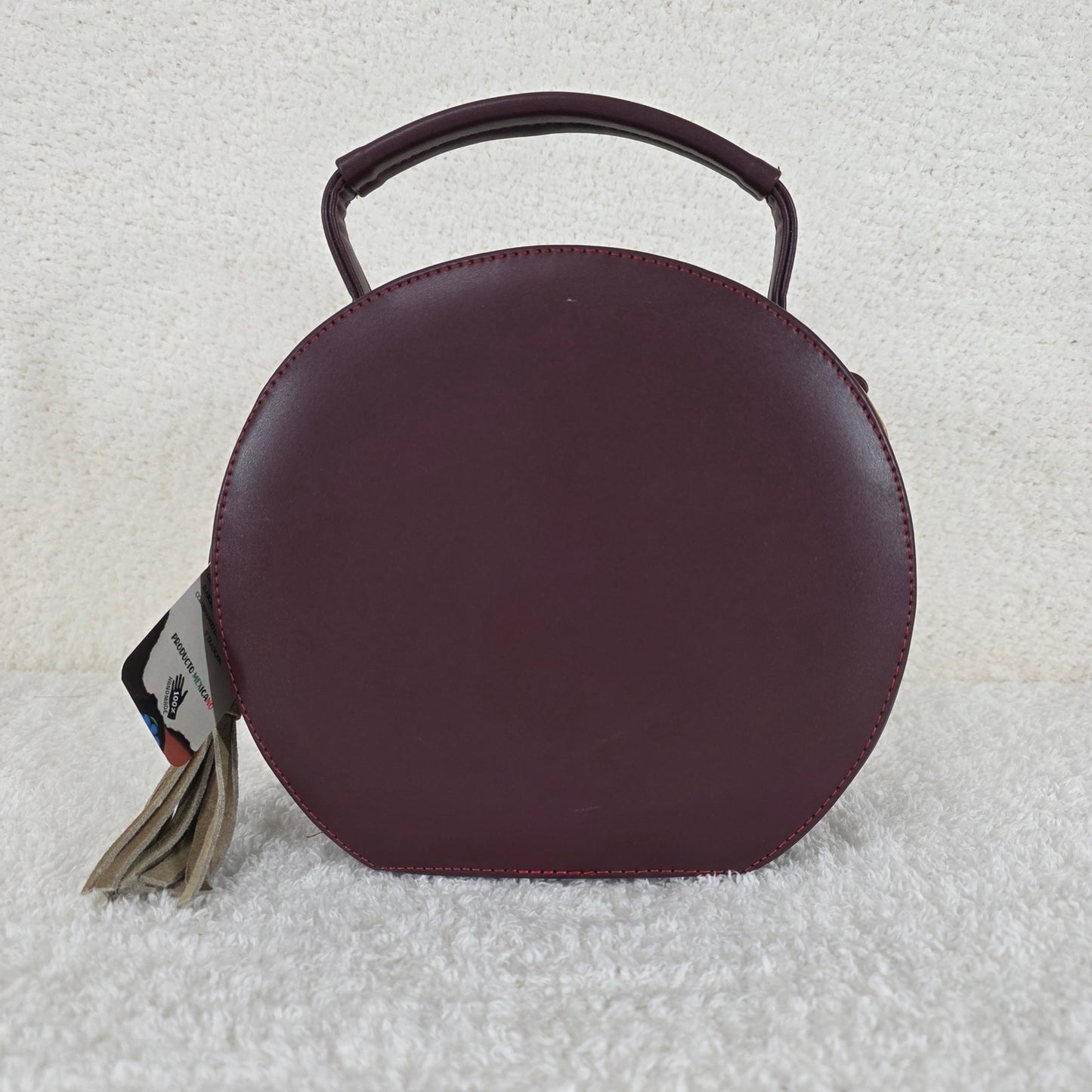 Chiapas Loom Embroidered Burgundy Round Vegan Leather Crossbody Handbag