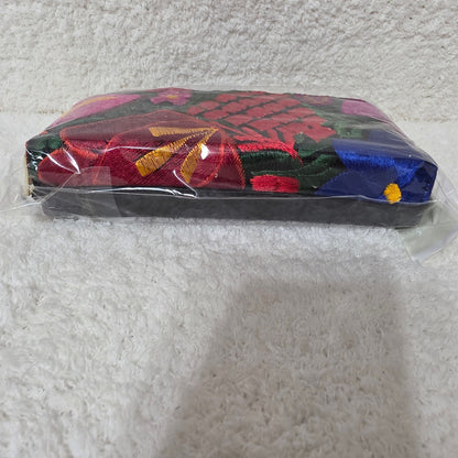 Black Floral Embossed & Chiapas Loom Leather Double Zip Wallet