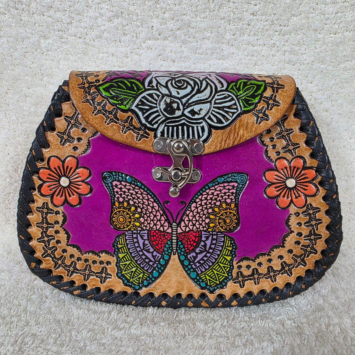 Purple Hand-Tooled Rose & Butterfly Genuine Leather Crossbody Bag — Artisan Handcrafted in Mexico