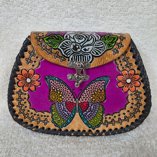 Purple Hand-Tooled Rose & Butterfly Genuine Leather Crossbody Bag — Artisan Handcrafted in Mexico