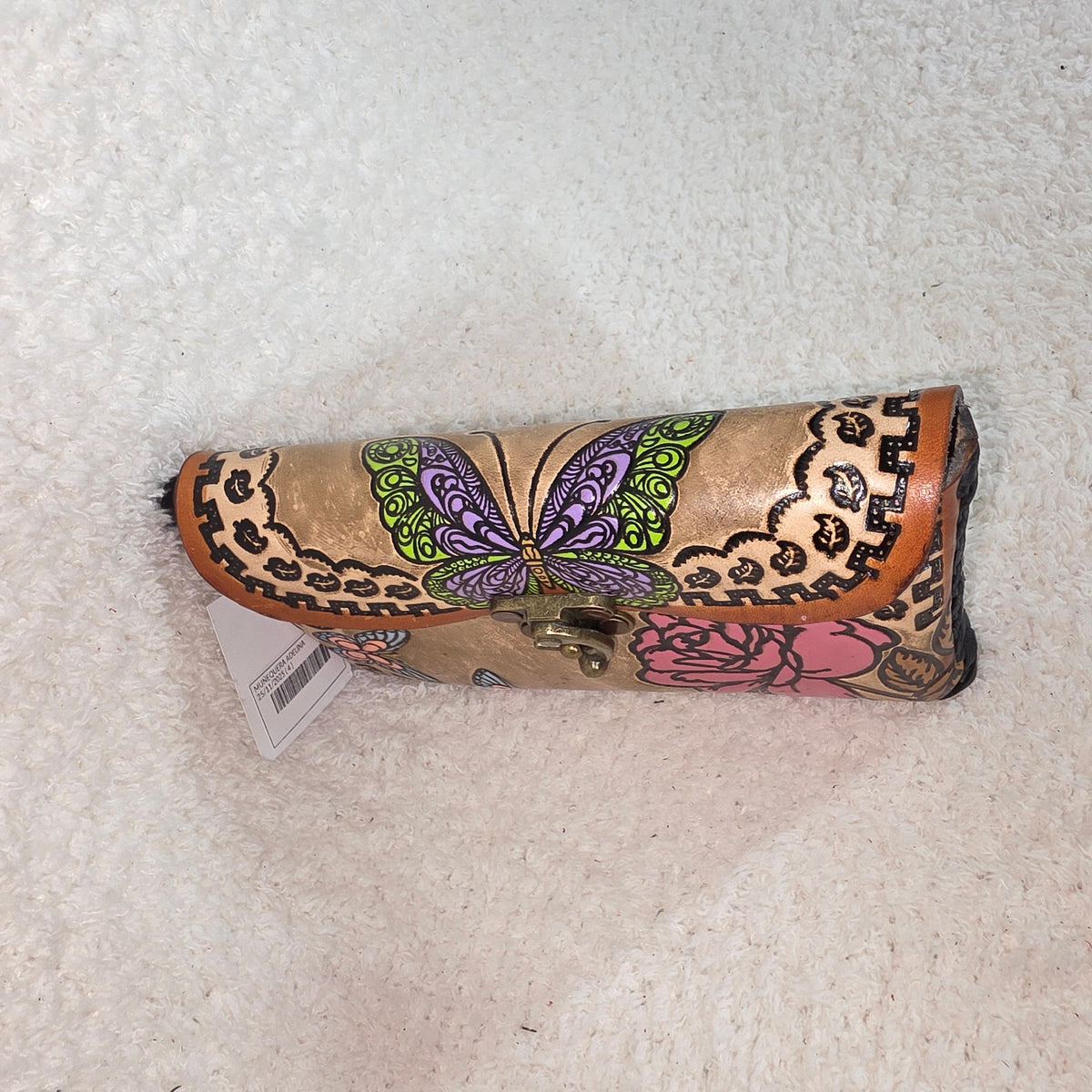 Mexican Hand-Tooled Leather Butterflies and Roses Brown Wristlet Clutch Bag