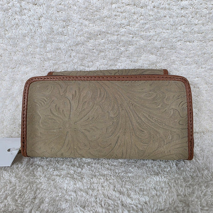 Dark Taupe Floral Embossed Leather Convertible Wallet Crossbody with Brown Trim