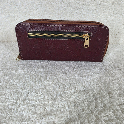 Burgundy Floral Embossed Leather Double Zip Wallet