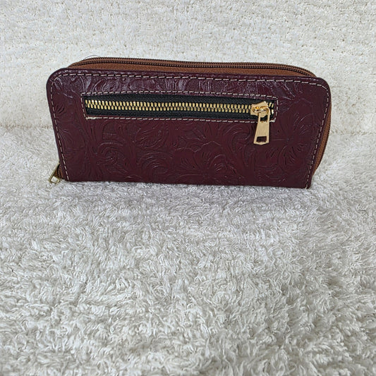 Burgundy Floral Embossed Leather Double Zip Wallet