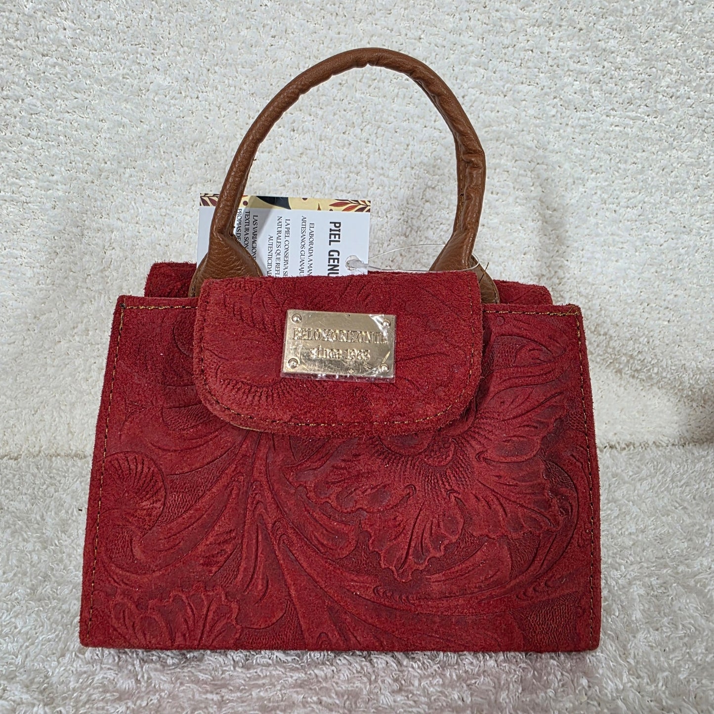 Red Floral Embossed Leather Mini Bag with Detachable Strap