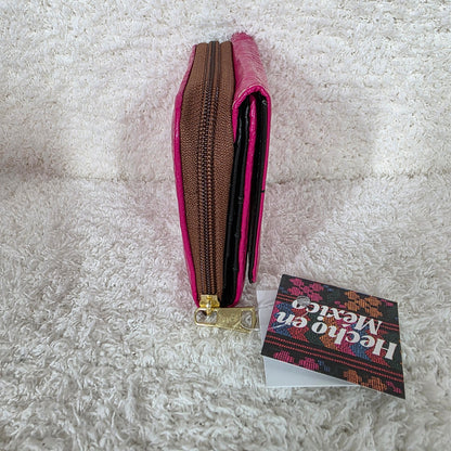 Vibrant Pink Floral Embossed Leather Trifold Wallet with Back Zip Compartment