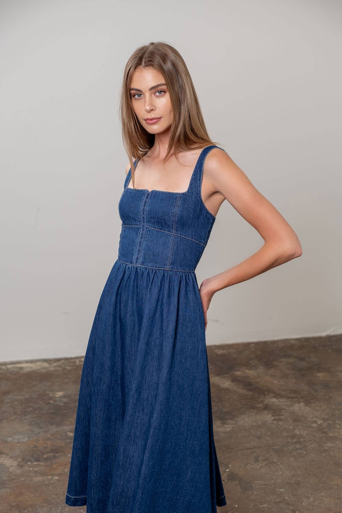 Moon River Blue Denim Hoof Front Midi Dress