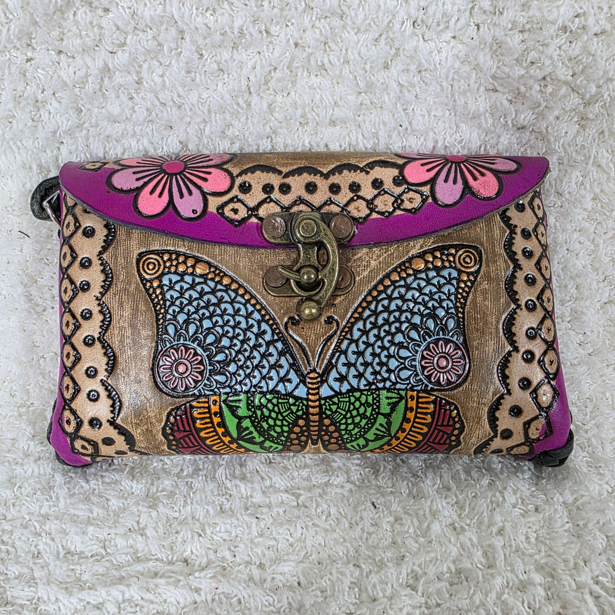 Mexican Hand-Tooled Leather Butterflies & Flowers Tan & Purple Wristlet Clutch Bag