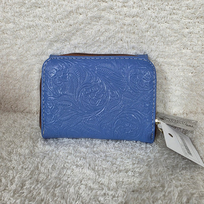 Blue Floral Embossed Leather Trifold Wallet with Back Zip Compartment