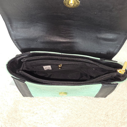 Handcrafted Mexican Floral Embossed Mint Green Genuine Leather Top-Handle Bag