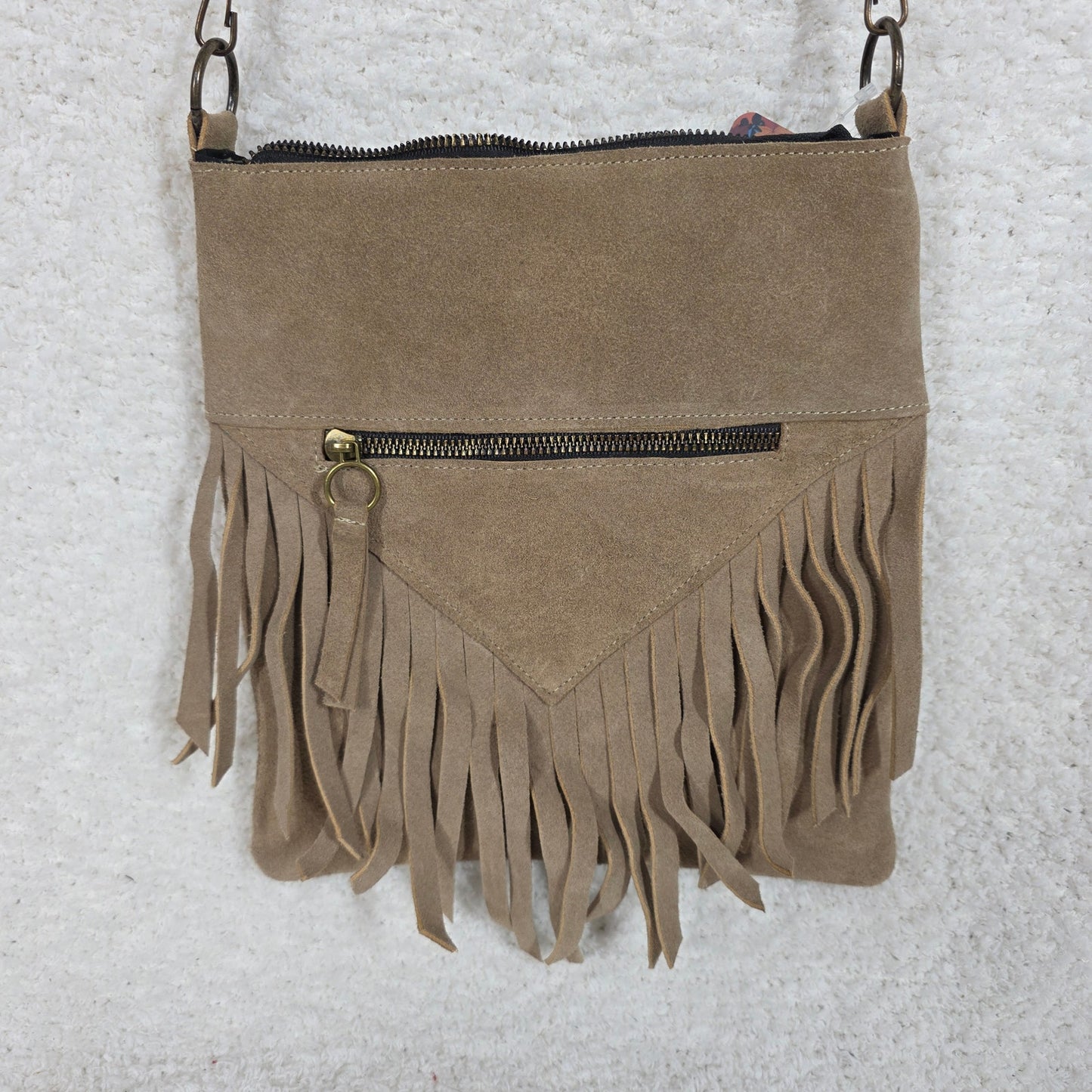 Taupe Boho Fringe Crossbody Bag Suede Leather Handcrafted in Mexico