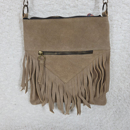 Taupe Boho Fringe Crossbody Bag — Suede Leather Handcrafted in Mexico