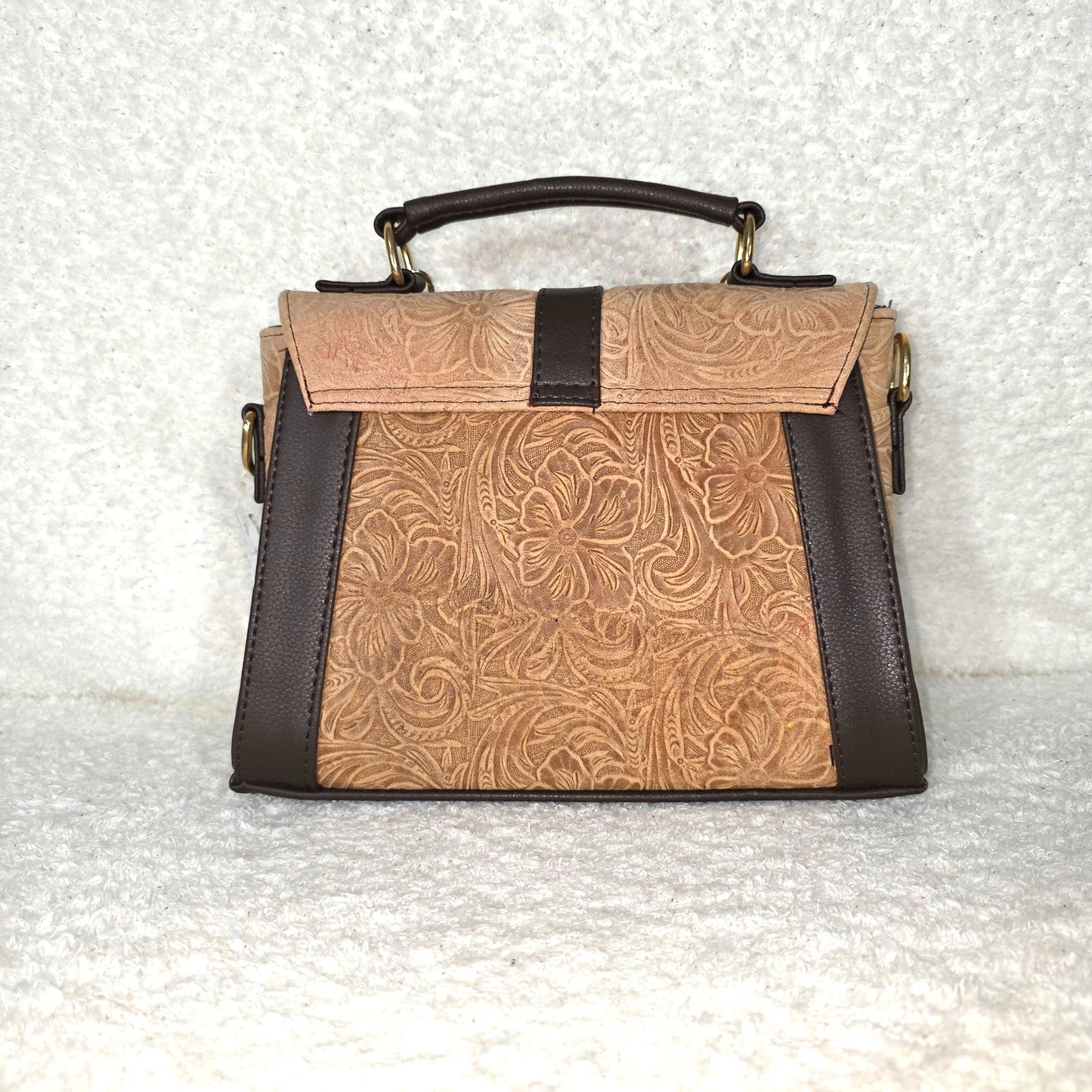 Handcrafted Mexican Floral Embossed Pinkish Tan Genuine Leather Top-Handle Bag