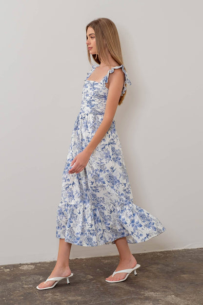 Moon River Ivory & Blue Toile Floral Front Pleating Ruffle Sleeve Midi Dress
