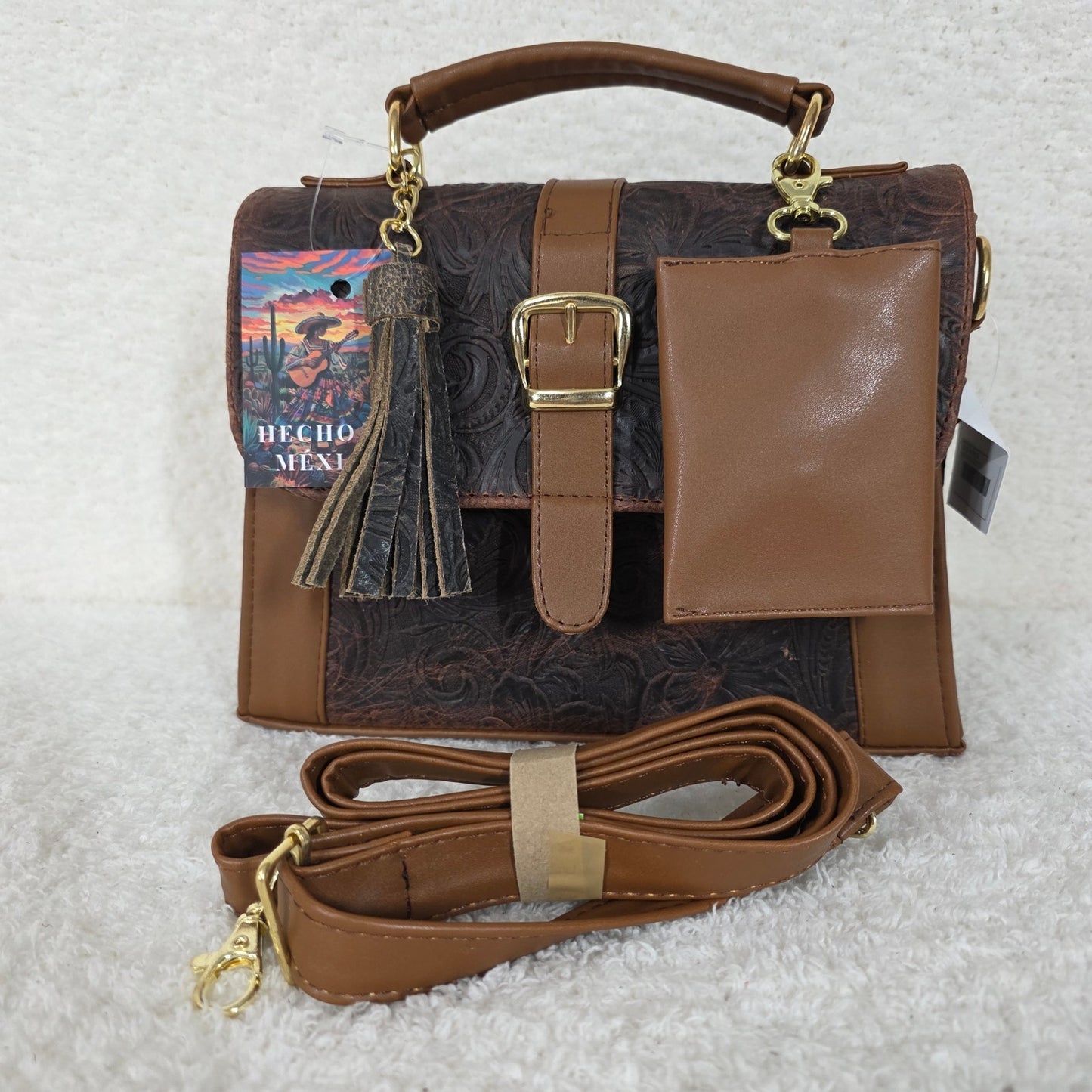 Handcrafted Mexican Floral Embossed Chocolate Brown Genuine Leather Top-Handle Bag