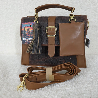 Handcrafted Mexican Floral Embossed Chocolate Brown Genuine Leather Top-Handle Bag