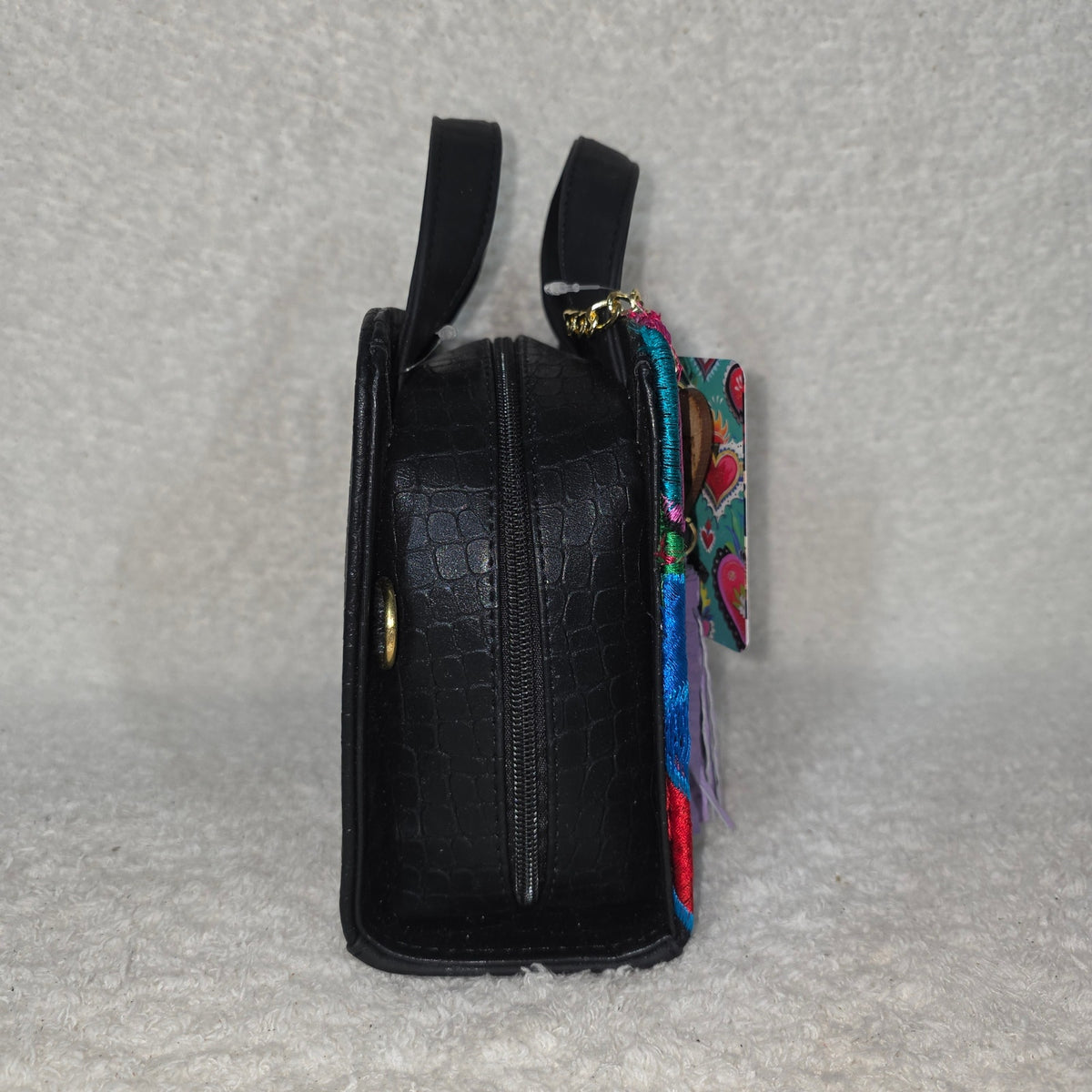 Chiapas Loom Embroidered Black Vegan Leather Crossbody Bag | Top Handle & Detachable Strap