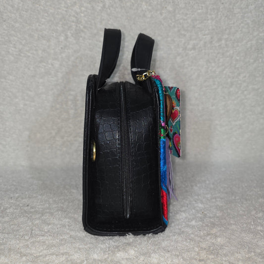 Chiapas Loom Embroidered Black Vegan Leather Crossbody Bag | Top Handle & Detachable Strap