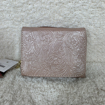 Light Pink Floral Embossed Leather Trifold Wallet with Back Zip — Handmade in León, Guanajuato