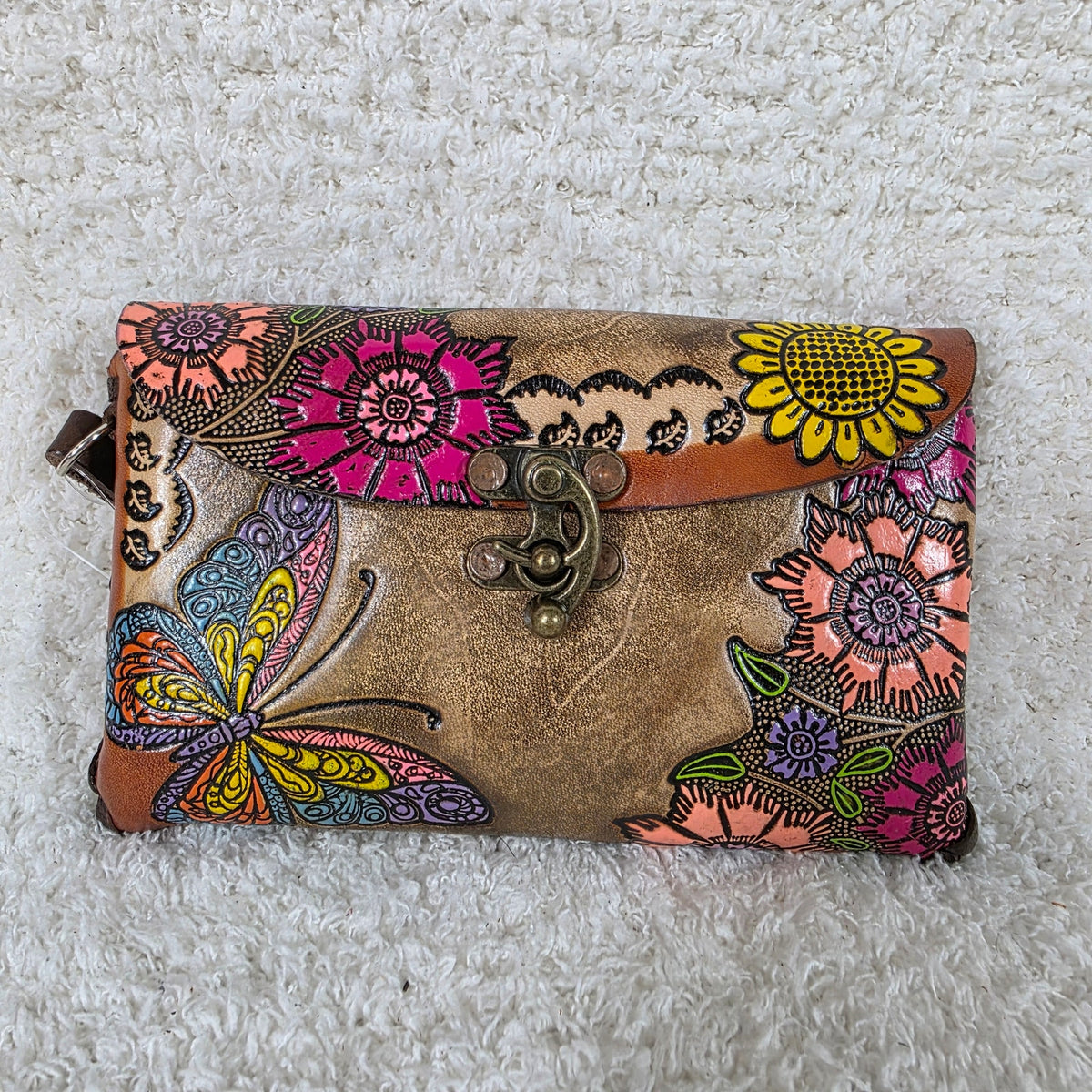 Olive Brown Hand-Tooled Leather Butterflies & Flowers Wristlet Clutch — León, Guanajuato