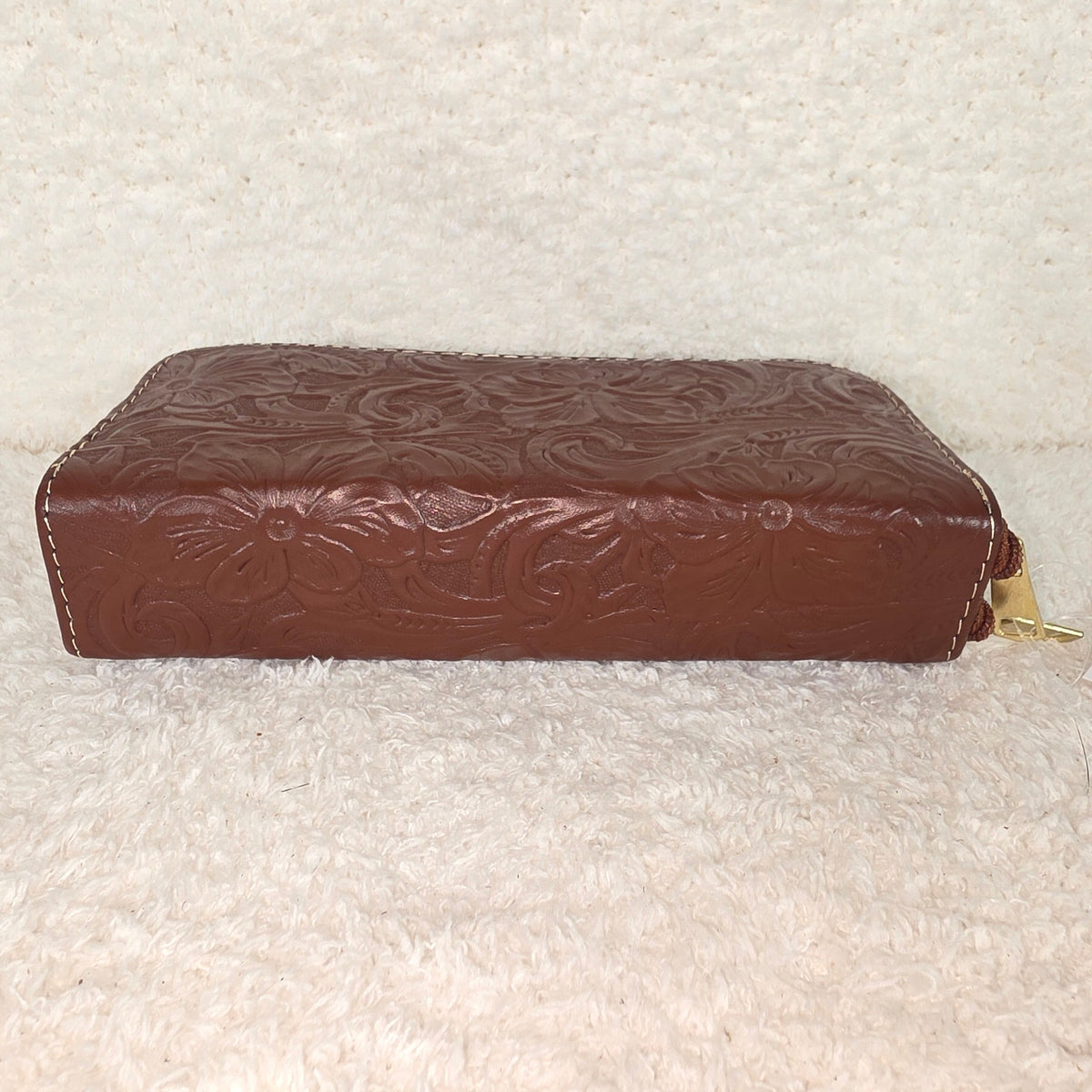 Brown Floral Embossed Leather Double Zip Wallet