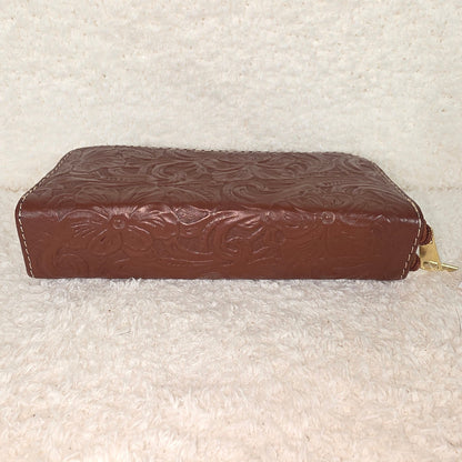 Brown Floral Embossed Leather Double Zip Wallet