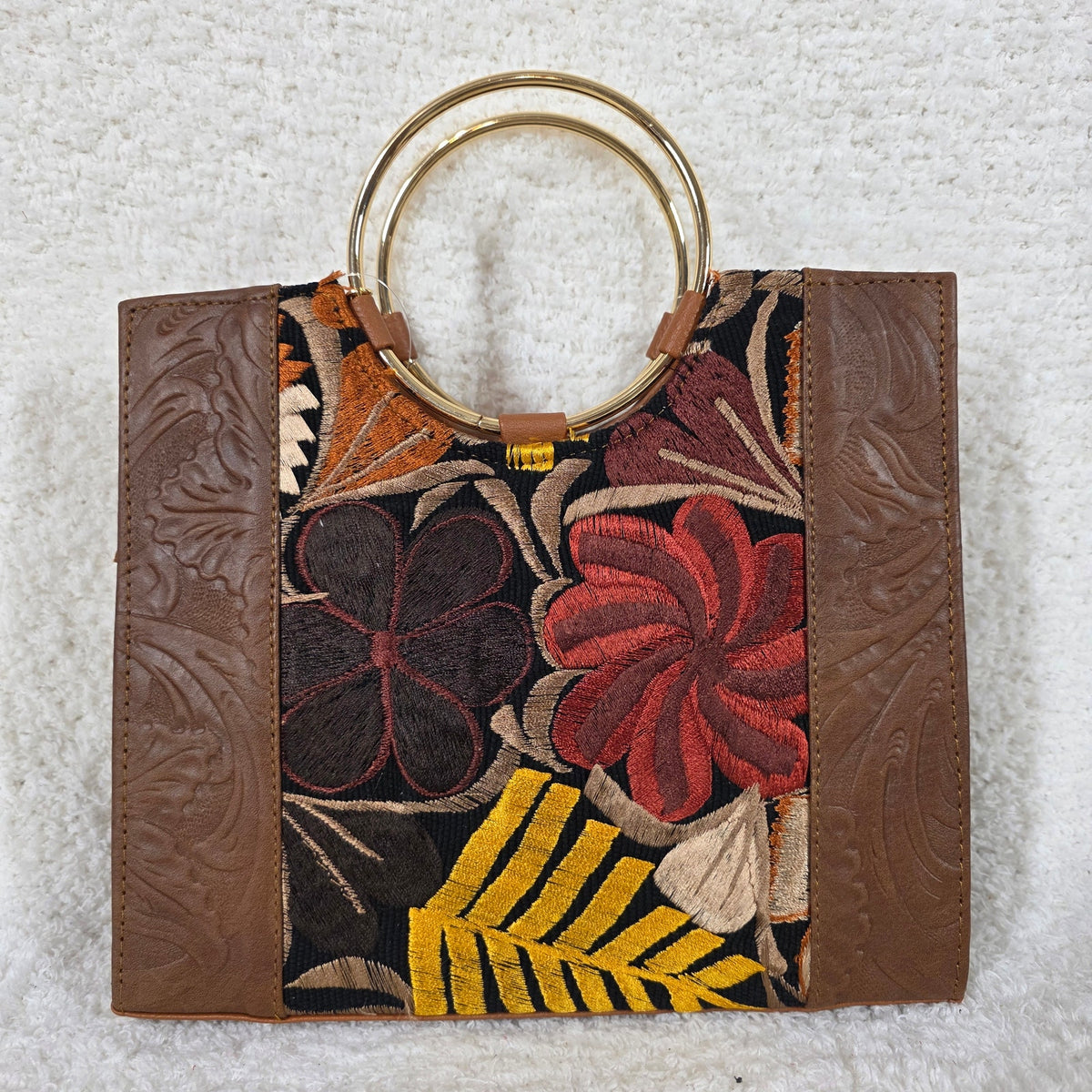 Brown Hand-Tooled Leather Handbag with Chiapas Loom Detail & Gold-Tone Ring Handles — León