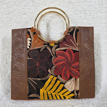 Brown Hand-Tooled Leather Handbag with Chiapas Loom Detail & Gold-Tone Ring Handles — León