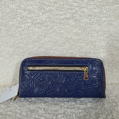 Blue Floral Embossed Leather Double Zip Wallet
