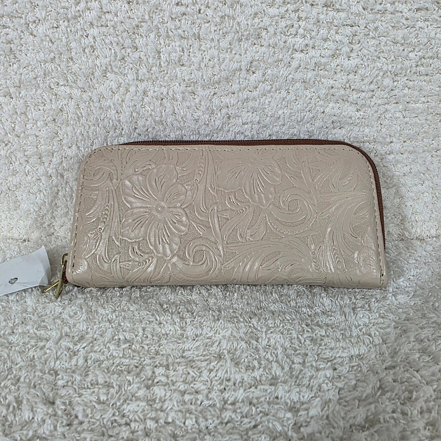 Light Nude Floral Embossed Leather Double Zip Wallet
