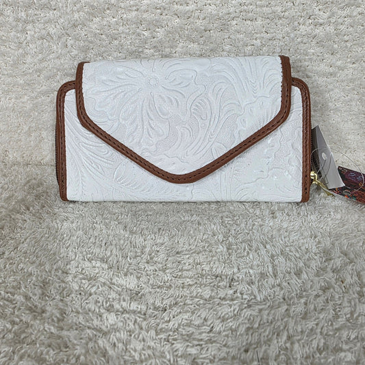 White Floral Embossed Leather Convertible Wallet Crossbody with Brown Trim