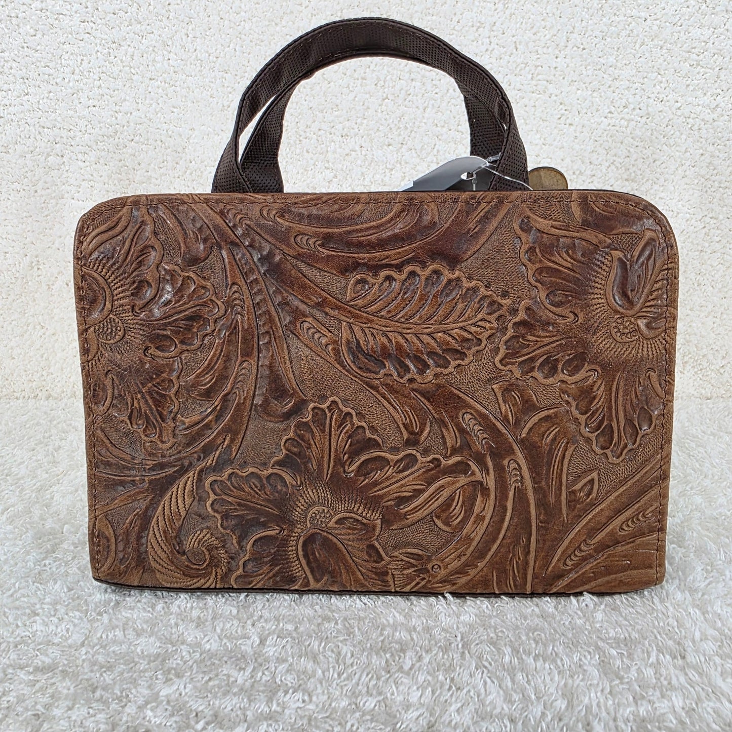 Honey Brown Floral Embossed Leather & Vegan Leather Crossbody Bag