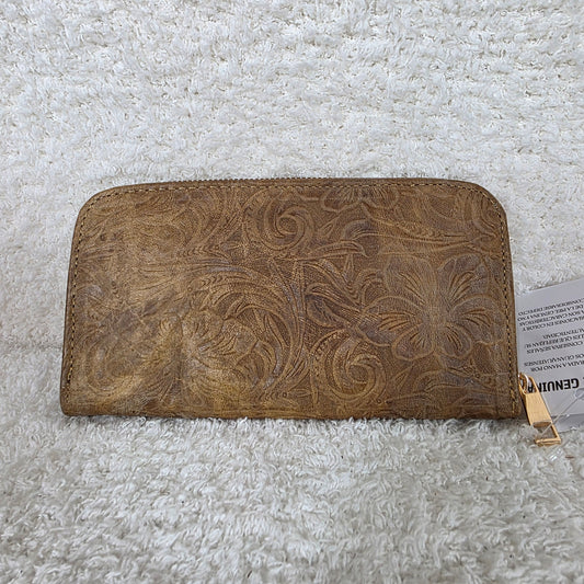 Distressed Golden Brown Leather Bifold Zip-Around Wallet
