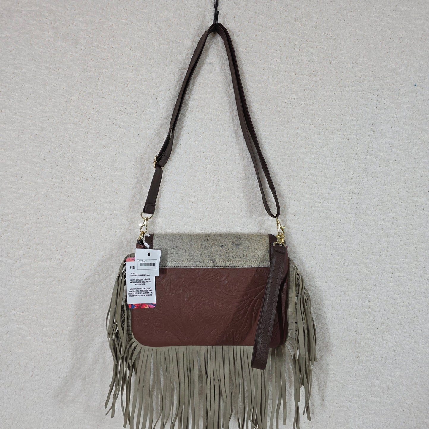 Handcrafted Mexican Brown Floral Embossed Tooled Leather & Cowhide Fringe Crossbody Bag