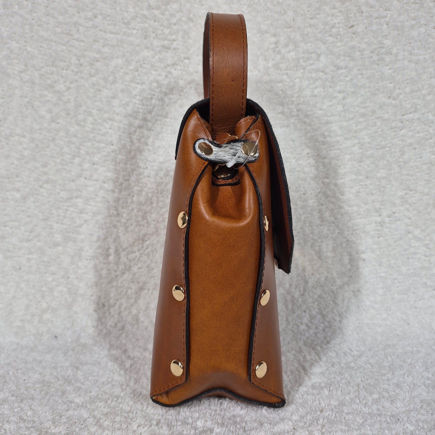 Handcrafted Mexican Cognac Brown Leather Handbag with Cowhide Hair-On Flap & Gold-Tone Hardware