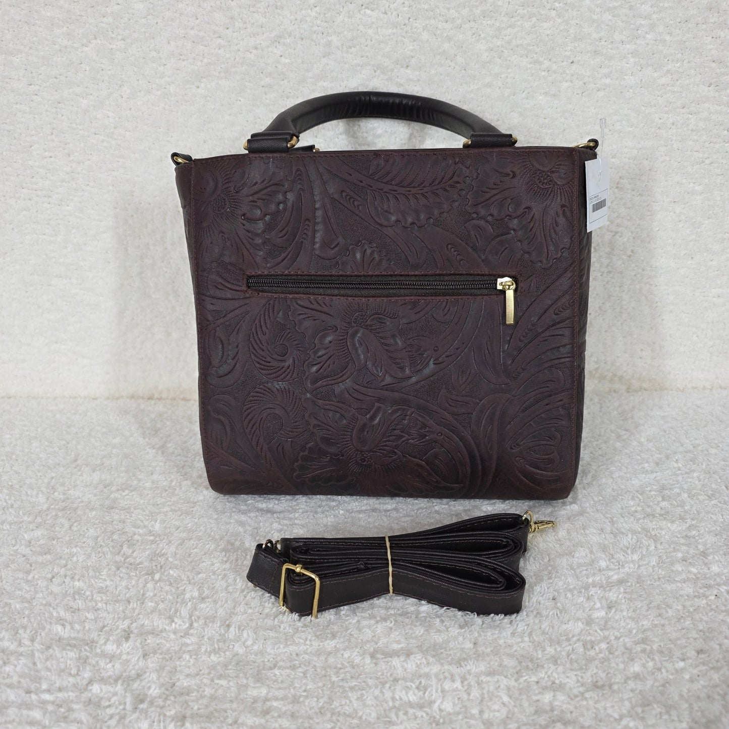 Mexican Artisanal Chocolate Brown Floral Tooled Leather Mini Satchel